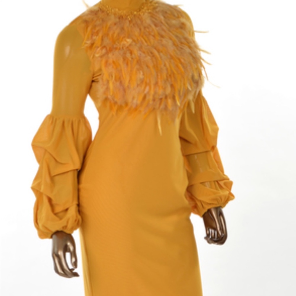 Mustard Long Sleeve Feathered Dress - Picture 3 of 6